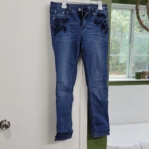 Grace Women's Blue Skinny Jeans with Black Floral Embroidery